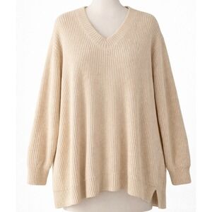 PACT 100% Organic Cotton Cream Beige Tan Chunky Knit VNeck Sweater Oversized XXL